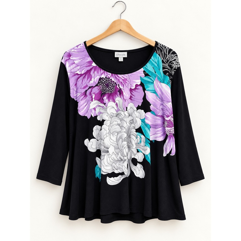 Susan Graver Women 22W Black Floral 3/4 Sleeve Tunic Top Scoop Neck Stretch